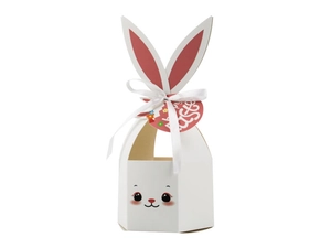 Detail of Easter rabbit gift box with pink ears, white satin ribbon and Happy Easter tag