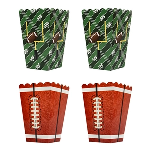 Set of four Super Bowl themed popcorn boxes featuring football field and leather textures