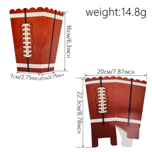 Football party popcorn boxes with brown leather texture and white stitching details