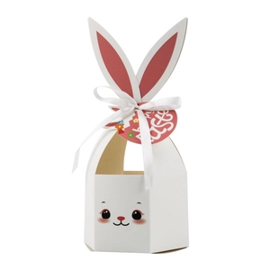 3D white Easter bunny gift box with long ears and ribbon bow for festive treats