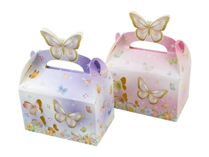 Detailed close-up of butterfly-shaped paper gift boxes with floral gradient patterns