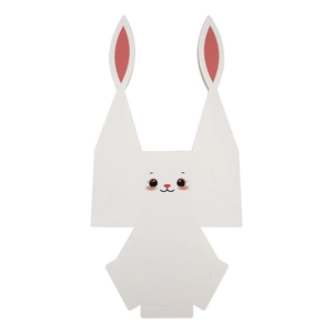 Flat lay of white Easter bunny candy gift box template with cute rabbit face and long ears