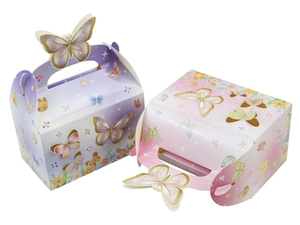 Detail of 3D butterfly handle and floral print on lavender and pink gift boxes