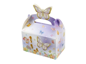 Macro detail of 3D butterfly handle and floral print on purple paper gift box