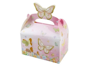 Detail of pink butterfly candy box featuring floral prints and 3D butterfly handle