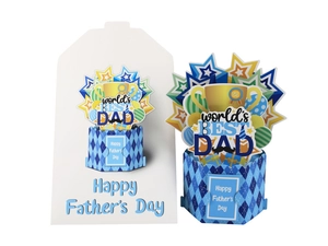 3D Father's Day card with World's Best Dad trophy, pop-up flowers and white envelope