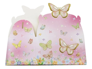 Macro detail of the purple gradient butterfly gift box with 3D wings and floral prints