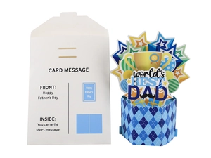 Detail of 3D pop-up Father's Day card with World's BEST DAD design and white envelope