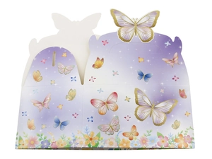 Detail of butterfly gift box with 3D wings, floral print and cutout handle design