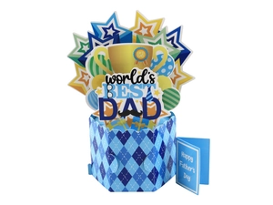 3D Father's Day pop-up card featuring a World's Best Dad trophy and festive balloons