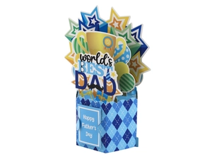 3D Father's Day card with World's Best Dad gold trophy pop-up and blue base design
