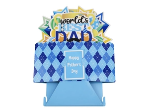 Close-up of 3D Father's Day greeting card with World's Best Dad trophy and star designs