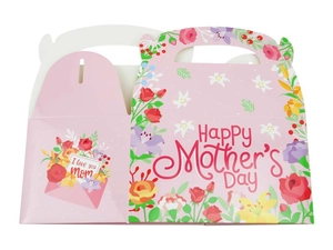 Detailansicht der rosa Muttertags-Geschenkboxen mit Blumenmuster und Tragegriffen