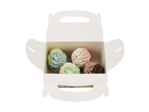 Detailansicht einer weißen Cupcake-Box mit 4 Fächern, Griffen und Seitenverschluss
