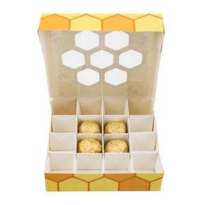 Quadratische 16-Fach Pralinenschachtel mit Bienen-Wabenfenster für Süßigkeiten