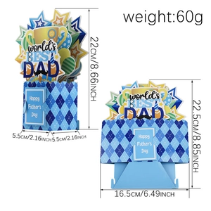 3D pop-up Father's Day card with Best Dad trophy and dimensions in blue