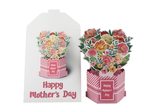 Biglietto 3D per la Festa della Mamma con bouquet floreale e busta a righe rosa