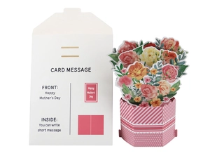 Vista dettagliata di un biglietto bouquet di fiori 3D con scritta Happy Mother's Day