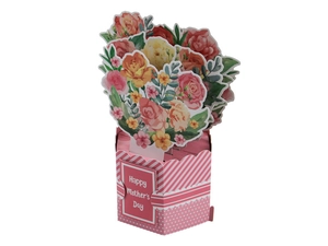 Dettaglio biglietto 3D Festa della Mamma con bouquet di fiori rosa e scritta celebrativa