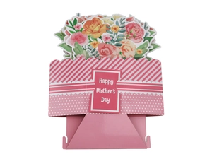 Dettaglio biglietto 3D festa della mamma con fiori di carta e base a strisce rosa