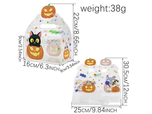 Flache Darstellung der Montagestruktur und Maße der Halloween PVC Süßigkeitentasche