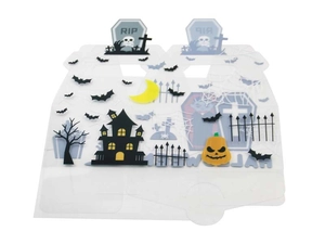 Detailansicht der Halloween PVC-Geschenkbox mit Schloss-, Kürbis- und Fledermausmotiven