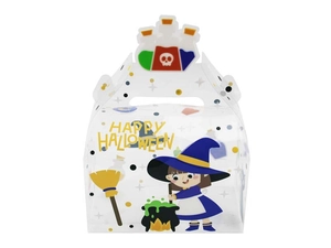 Detailansicht der transparenten Halloween-Geschenkbox mit Cartoon-Hexe und Trank-Illustrationen
