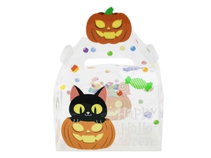Detailansicht der Halloween-Geschenkbox aus PVC mit schwarzer Katze und Griffdesign