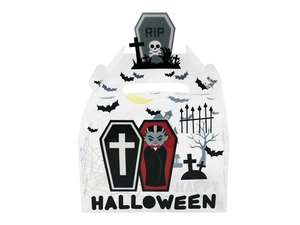Detail der weißen Halloween-Geschenkbox mit RIP-Grabstein und Vampir-Cartoon-Motiv