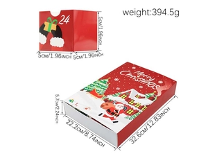 Detailed size specifications for 24-day Christmas advent calendar boxes with dimensions