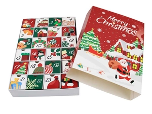 Detailed view of 24 small advent calendar boxes with festive Christmas illustrations