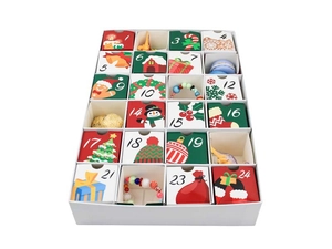 Detailed view of a 24-day Christmas Advent Calendar box with festive holiday patterns