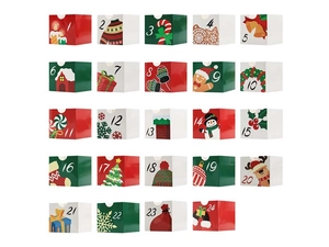 Detail view of 24 colorful Christmas advent calendar gift boxes with numbered illustrations