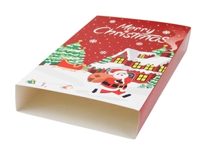 Close-up of red Christmas advent calendar gift box with festive Santa Claus illustrations
