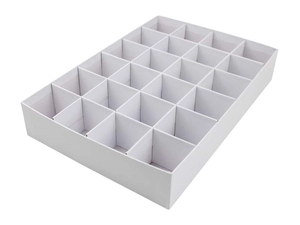 Detail view of the 24-grid white advent calendar box with square compartments