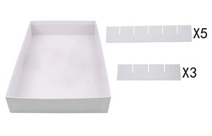 Detailed view of white rectangular storage box with 8 adjustable divider inserts for organization