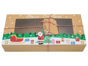 Detail of Christmas kraft paper cookie box with PVC window, festive twine and gift tag