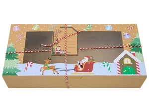 Macro detail of Christmas kraft paper gift box with dual PVC windows and festive patterns