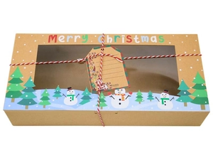 Kraft paper Christmas cookie box with PVC window, festive snowman print and gift tag