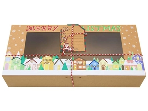 Detail of Christmas kraft paper gift box with clear window and festive house illustrations