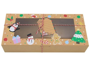 Detail of Christmas kraft paper gift box with PVC window, penguin prints, and red cotton twine