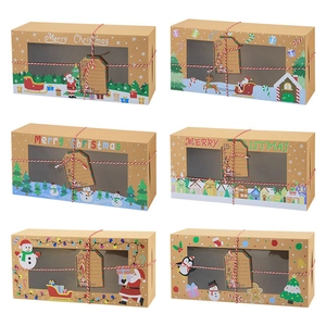 Merry Christmas Kraft Paper Gift Box With PVC Clear Window Santa Claus Snowman Reindeer Pattern Cookie Candy Packaging Boxes With Tags And Strings