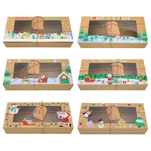 Set of 6 Christmas kraft paper cookie boxes with PVC window and festive holiday patterns