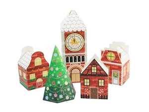 Detailed view of Christmas gift boxes set featuring red houses and green tree shapes