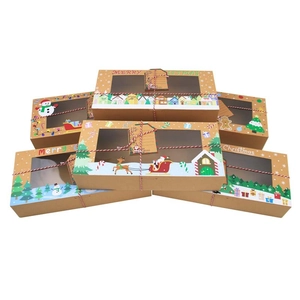 Christmas kraft paper cookie boxes with window and colorful holiday illustrations