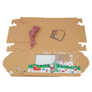 Christmas Kraft paper cookie boxes with PVC window, red twine and gift tags set