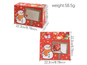 Detail view of red Christmas paper gift box with clear window and festive snowman patterns