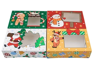 Detail of Christmas candy boxes with PVC window featuring gingerbread man and snowman designs