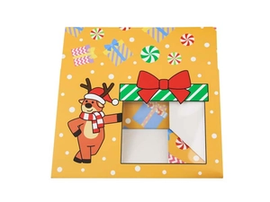 Close-up of Christmas candy box with a clear PVC window and cartoon reindeer design