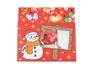 Detail view of red Christmas gift box with snowman print and clear PVC window design